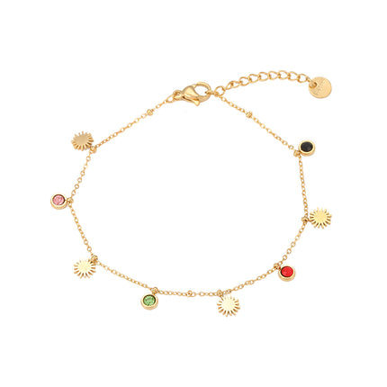 Pulsera Con Colgante Solar Y Zirconitas De Colores, Acero Chapado En 14K