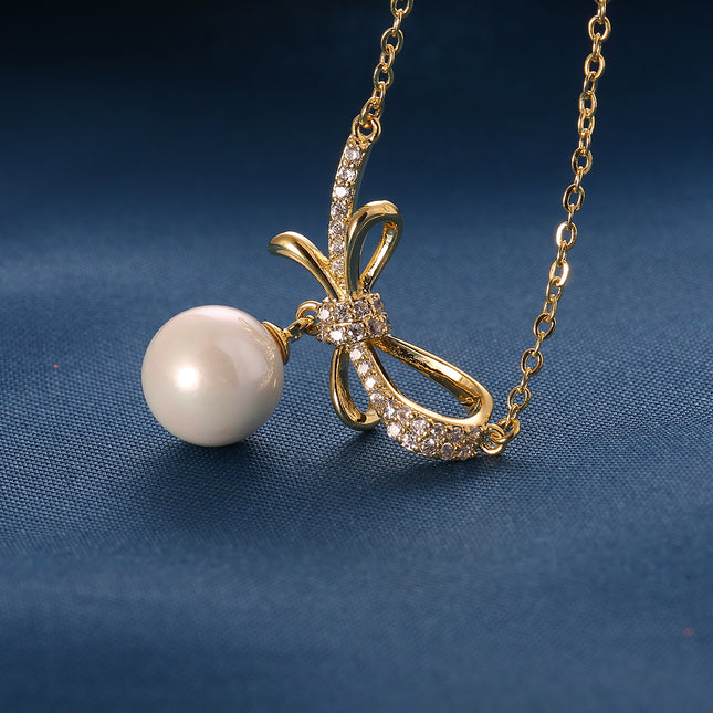 Collar De Cobre Baño De Oro 14K Con Colgante De Lazo Y Perla Minimalista