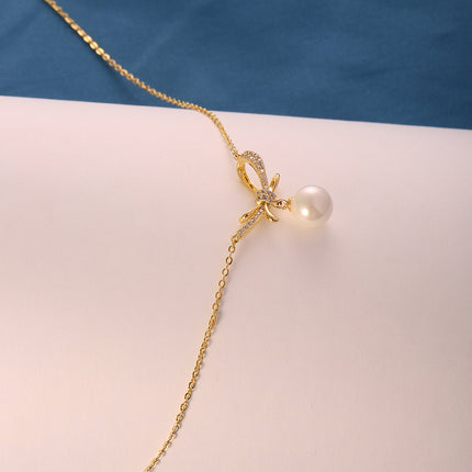 Collar De Cobre Baño De Oro 14K Con Colgante De Lazo Y Perla Minimalista