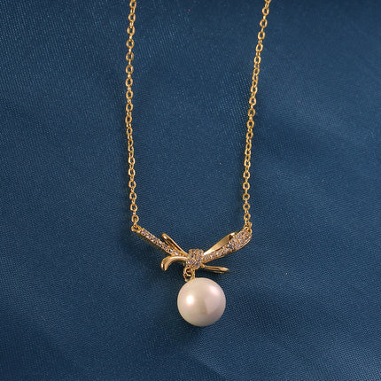 Collar De Cobre Baño De Oro 14K Con Colgante De Lazo Y Perla Minimalista
