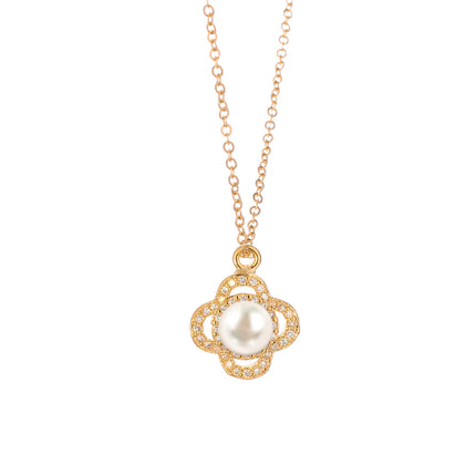 Collar De Perla Y Flor Cobre Enchapado De Oro 14K Minimalista