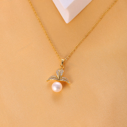 Collar De Cobre Oro 14K Con Colgante De Perla Y Tres Hojas Estilo Versátil