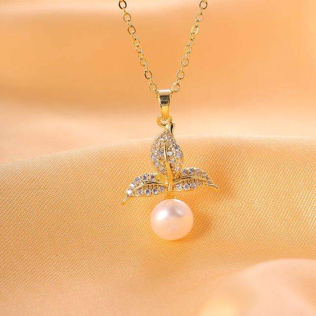 Collar De Cobre Oro 14K Con Colgante De Perla Y Tres Hojas Estilo Versátil