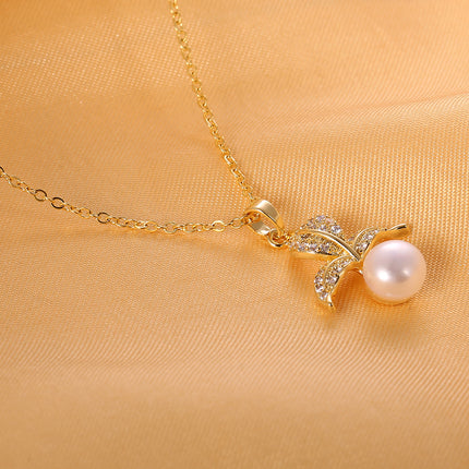 Collar De Cobre Oro 14K Con Colgante De Perla Y Tres Hojas Estilo Versátil