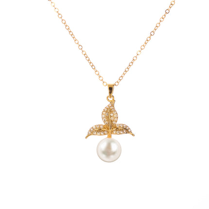 Collar De Cobre Oro 14K Con Colgante De Perla Y Tres Hojas Estilo Versátil