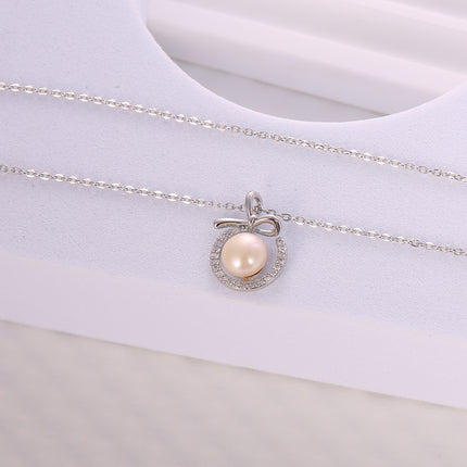 Collar Con Perla Rodeada De Circonitas Sencillo, Cobre Baño de Oro 14K