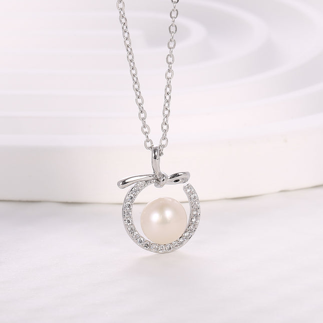 Collar Con Perla Rodeada De Circonitas Sencillo, Cobre Baño de Oro 14K