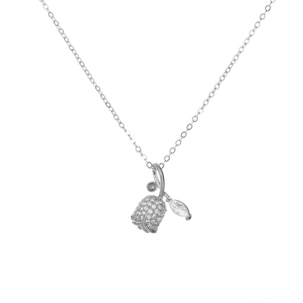 Collar De Cobre Colgante Flor De Rosa Plateada Con Zirconia Elegante