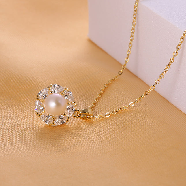 Collar De Perla Cobre Con Baño De Oro 14K Elegante Para Mujer