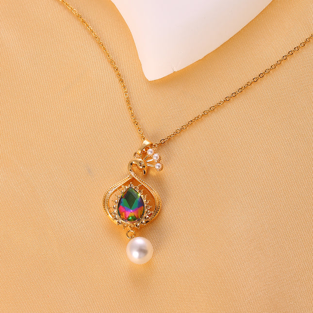 Collar Con Colgante De Pavo Real, Zirconia En Forma De Gota y Perlas