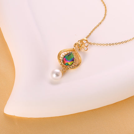 Collar Con Colgante De Pavo Real, Zirconia En Forma De Gota y Perlas