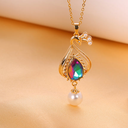 Collar Con Colgante De Pavo Real, Zirconia En Forma De Gota y Perlas