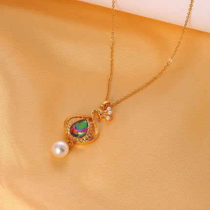 Collar Con Colgante De Pavo Real, Zirconia En Forma De Gota y Perlas