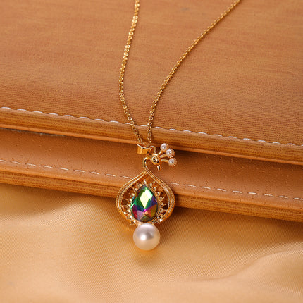 Collar Con Colgante De Pavo Real, Zirconia En Forma De Gota y Perlas