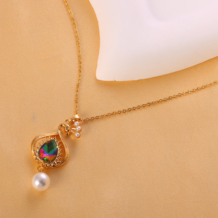 Collar Con Colgante De Pavo Real, Zirconia En Forma De Gota y Perlas