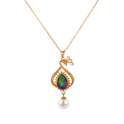 Collar Con Colgante De Pavo Real, Zirconia En Forma De Gota y Perlas