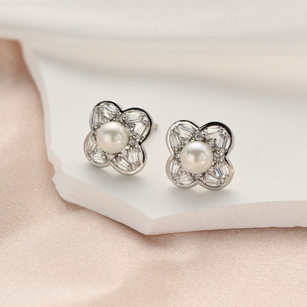 Aretes Con Diseño De Oreja Flor Con Perlas Elegante, Pendientes Cobre