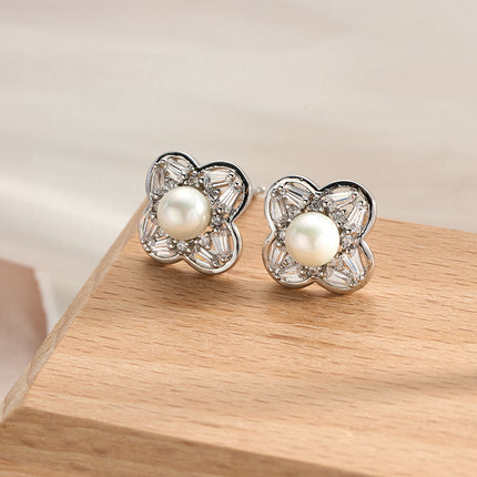 Aretes Con Diseño De Oreja Flor Con Perlas Elegante, Pendientes Cobre