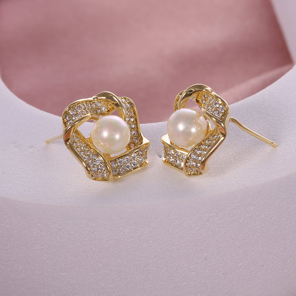 Aretes De Perlas Cobre chapado 14K En Diseño Geométrico Irregular Elegante