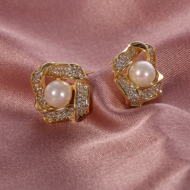 Aretes De Perlas Cobre chapado 14K En Diseño Geométrico Irregular Elegante