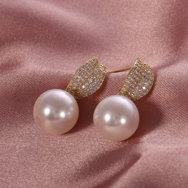 Aretes De Perlas Grande De Lujo Cobre Chapado 14K Pendiente Elegante