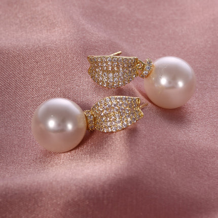 Aretes De Perlas Grande De Lujo Cobre Chapado 14K Pendiente Elegante