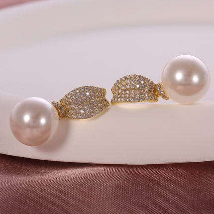 Aretes De Perlas Grande De Lujo Cobre Chapado 14K Pendiente Elegante