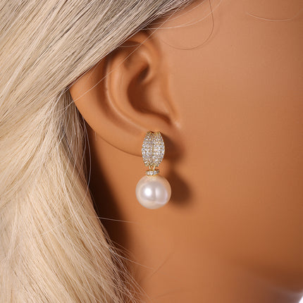 Aretes De Perlas Grande De Lujo Cobre Chapado 14K Pendiente Elegante