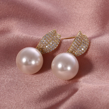 Aretes De Perlas Grande De Lujo Cobre Chapado 14K Pendiente Elegante