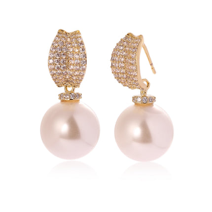 Aretes De Perlas Grande De Lujo Cobre Chapado 14K Pendiente Elegante
