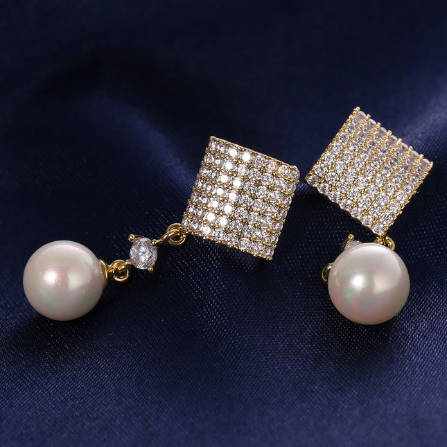 Aretes De Perla Con Circon Cuadrada Delicado, Pendientes Cobre De Baño 14K