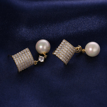 Aretes De Perla Con Circon Cuadrada Delicado, Pendientes Cobre De Baño 14K