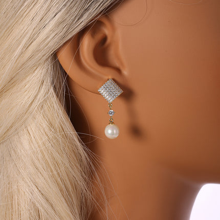 Aretes De Perla Con Circon Cuadrada Delicado, Pendientes Cobre De Baño 14K