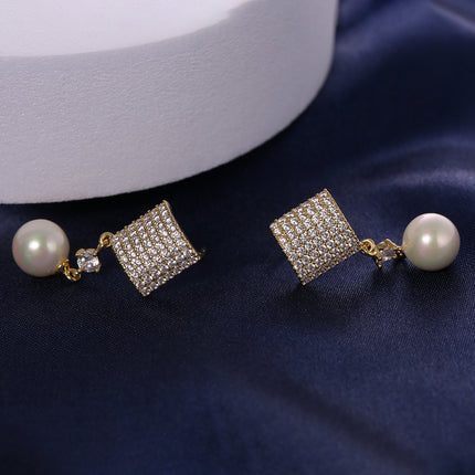 Aretes De Perla Con Circon Cuadrada Delicado, Pendientes Cobre De Baño 14K