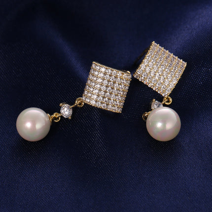 Aretes De Perla Con Circon Cuadrada Delicado, Pendientes Cobre De Baño 14K