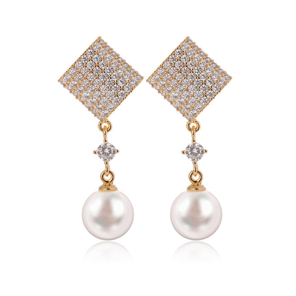 Aretes De Perla Con Circon Cuadrada Delicado, Pendientes Cobre De Baño 14K