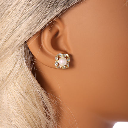 Aretes De Cobre Chapado En Oro 14K De Perla Estilo Vintage Elegante
