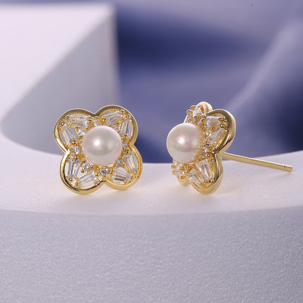 Aretes Con Diseño De Oreja Flor Con Perlas Elegante, Pendientes Cobre