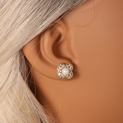 Aretes Con Diseño De Oreja Flor Con Perlas Elegante, Pendientes Cobre