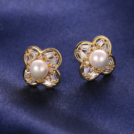 Aretes Con Diseño De Oreja Flor Con Perlas Elegante, Pendientes Cobre