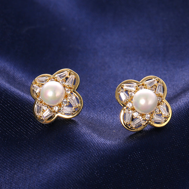 Aretes Con Diseño De Oreja Flor Con Perlas Elegante, Pendientes Cobre