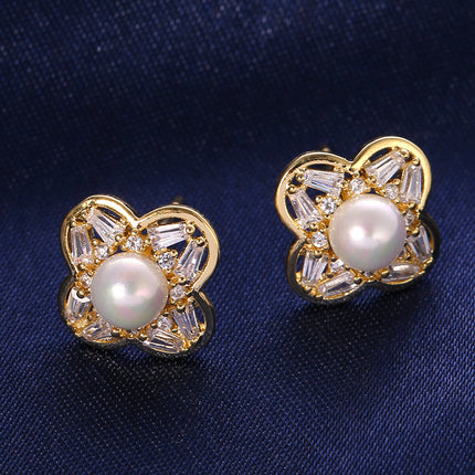 Aretes Con Diseño De Oreja Flor Con Perlas Elegante, Pendientes Cobre
