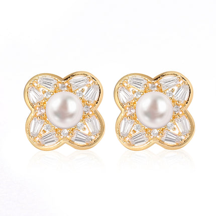 Aretes Con Diseño De Oreja Flor Con Perlas Elegante, Pendientes Cobre