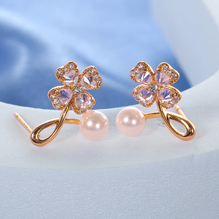 Aretes De Cobre Chapado Oro De 14K De Flor Con Zirconia Y Perlas De Moda
