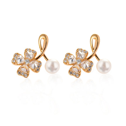 Aretes De Cobre Chapado Oro De 14K De Flor Con Zirconia Y Perlas De Moda
