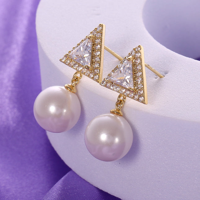 Aretes De Triángulo Con Zirconia Y Colgante De Perla, Cobre Oro De 14K