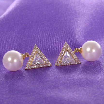 Aretes De Triángulo Con Zirconia Y Colgante De Perla, Cobre Oro De 14K