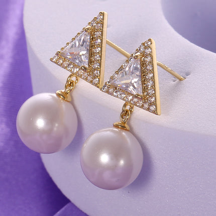 Aretes De Triángulo Con Zirconia Y Colgante De Perla, Cobre Oro De 14K