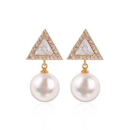 Aretes De Triángulo Con Zirconia Y Colgante De Perla, Cobre Oro De 14K