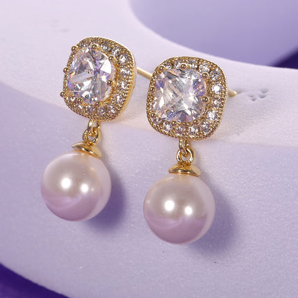 Aretes De Cobre Oro De 14K Cuadrados Con Zirconia Y Colgante De Perla